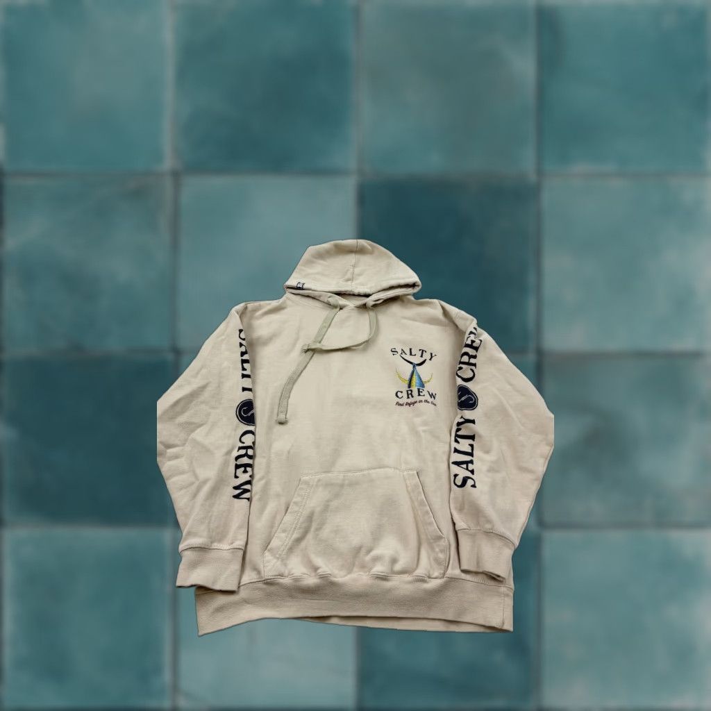 Vintage Salty Crew Hoodie Mens M Tan Pullover Graphic Find Refuge In The Sea Back Fish Tail T-Shirts, Sweatshirt